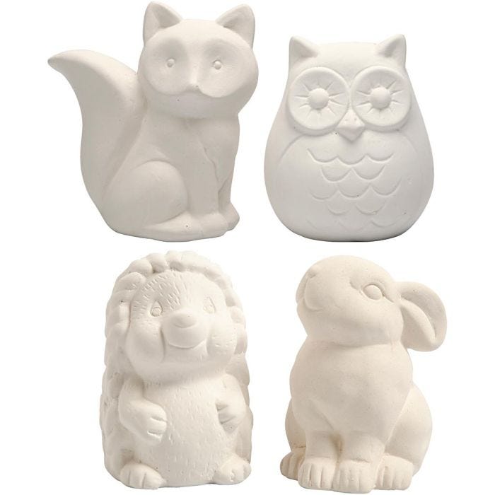 Dierenspaarpot, uil, vos, egel, haas, H: 9-10 cm, wit, 4stuk/ 1 doos
