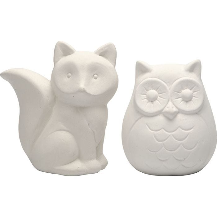 Dierenspaarpot, uil en vos, 9 cm, wit, 2stuk/ 1 doos
