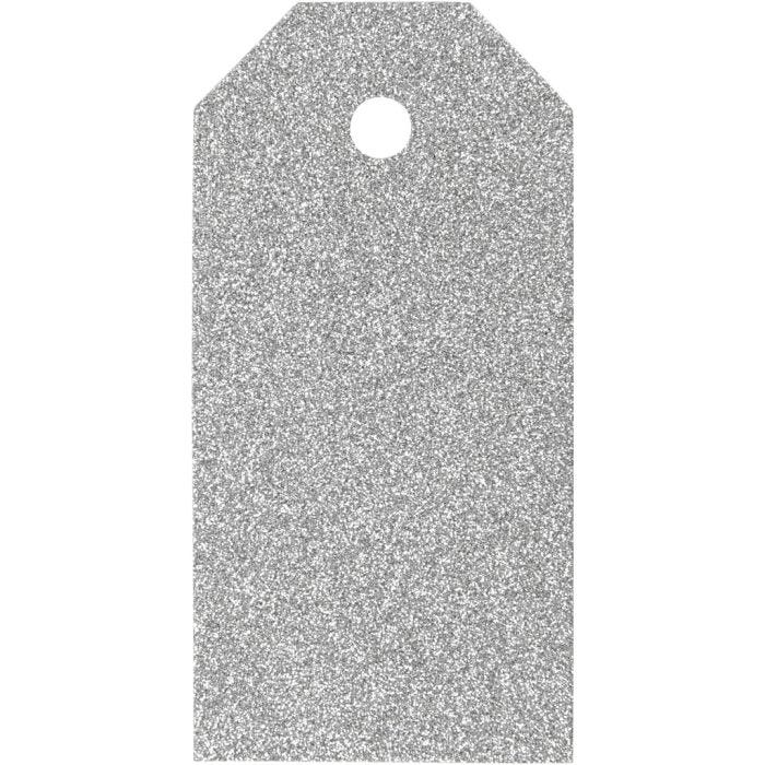 Cadeaulabels, afm 5x10 cm, glitter, 300 gr, zilver, 15 stuk/ 1 doos