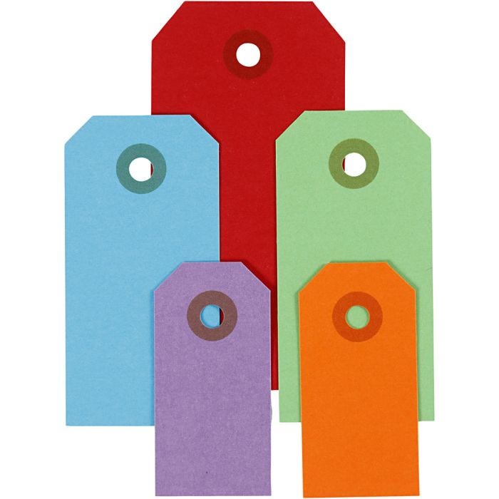 Manilla-labels, afm 3x6+4x8+5x10 cm, 220 gr, diverse kleuren, 500stuk/ 1 doos