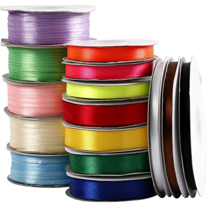 Satijnlint, B: 3-19 mm, diverse kleuren, 15 rol/ 1 doos