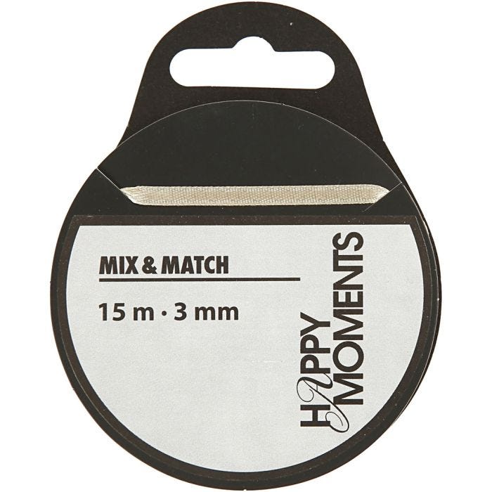 Satijnlint, B: 3 mm, off-white, 15 m/ 1 rol