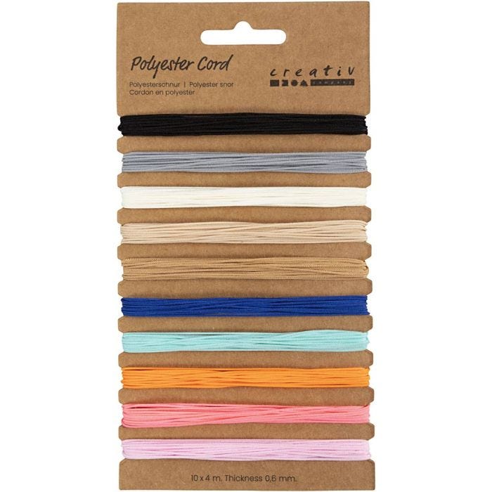 Polyester koord, dikte 0,6 mm, diverse kleuren, 10x4 m/ 1 doos