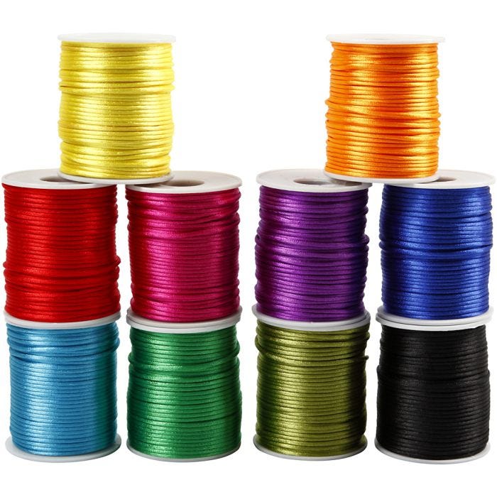 Satijnkoord, dikte 2 mm, sterke kleuren, 10x50 m/ 1 doos