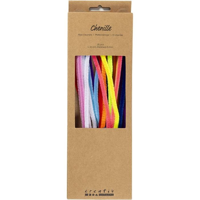 Chenille, L: 30 cm, dikte 6 mm, kleurrijk, 25 div/ 1 doos
