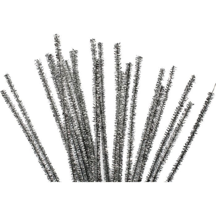 Chenille, L: 30 cm, dikte 6 mm, glitter, zilver, 24 stuk/ 1 doos