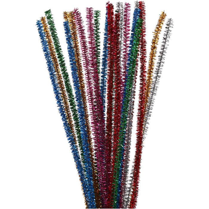 Chenille, L: 30 cm, dikte 6 mm, glitter, sterke kleuren, 24 div/ 1 doos