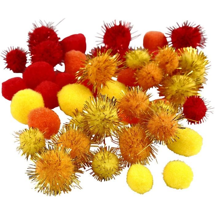 Pompoms, 15+20 mm, oranje, rood, geel, 48div/ 1 doos