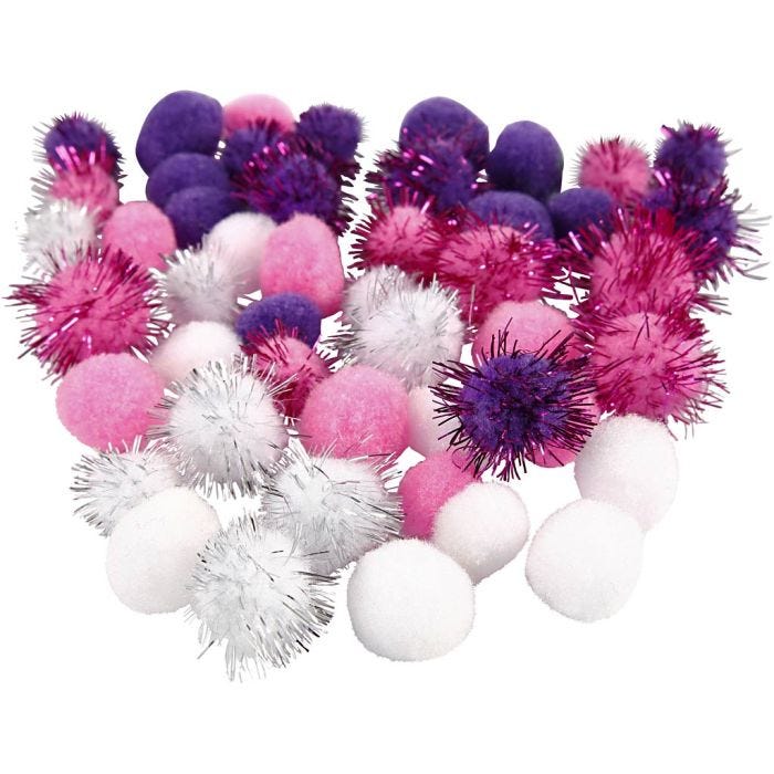 Pompoms, 15+20 mm, paars, lichtrood, wit, 48div/ 1 doos