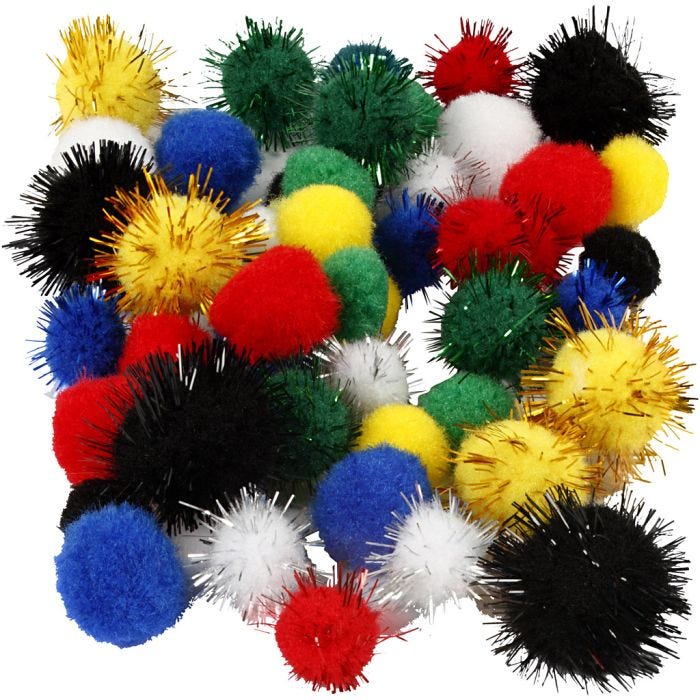 Pompons, d 15+20 mm, diverse kleuren, 48 div/ 1 doos