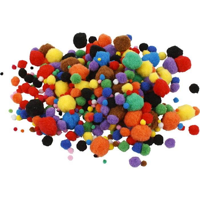 Pompons, 5-40 mm, diverse kleuren, 42gr/ 1 doos