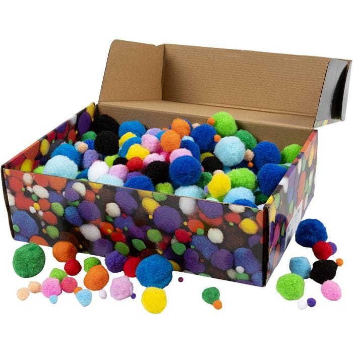 Pompons, 5-40 mm, diverse kleuren, 200gr/ 1 doos