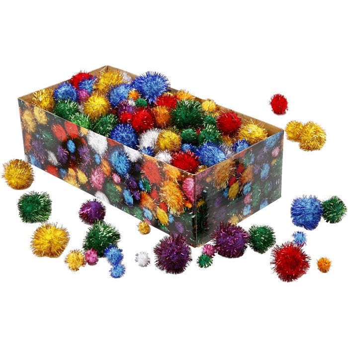 Pom-poms, 15-40 mm, glitter, sterke kleuren, 300gr/ 1 doos