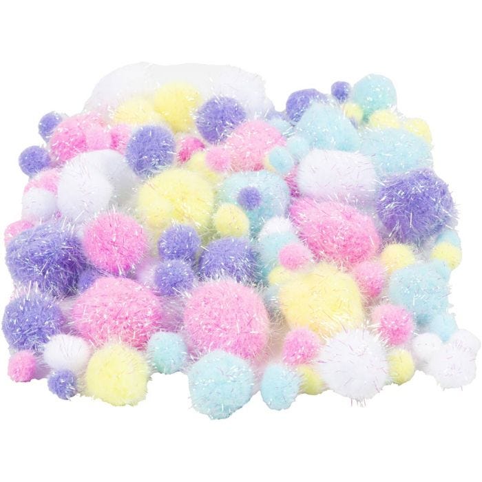 Pom-poms, d 15-40 mm, glitter, pastelkleuren, 62 gr/ 1 doos