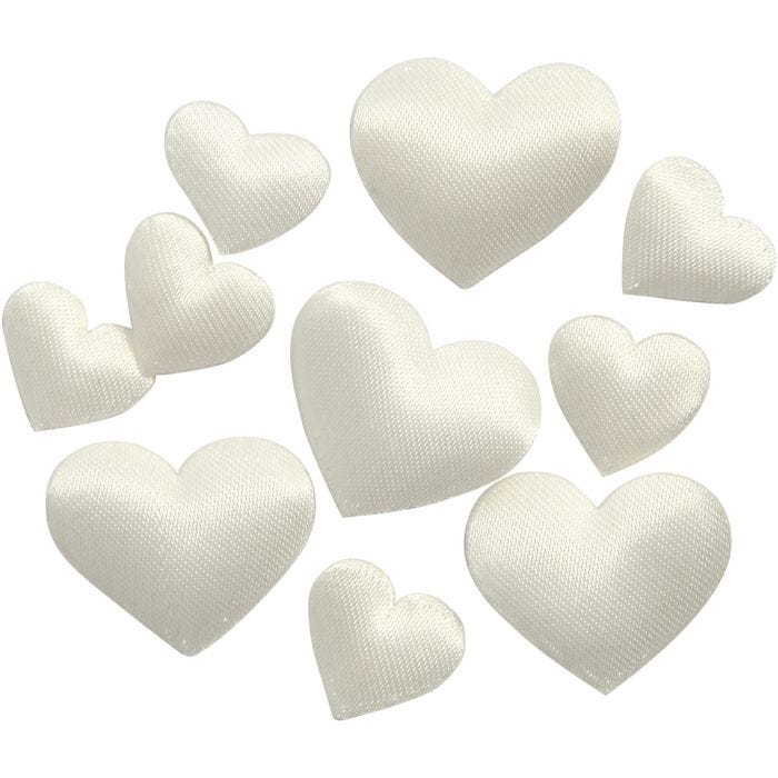 Satijnen harten, afm 10+20 mm, dikte 1-2 mm, off-white, 70 stuk/ 1 doos