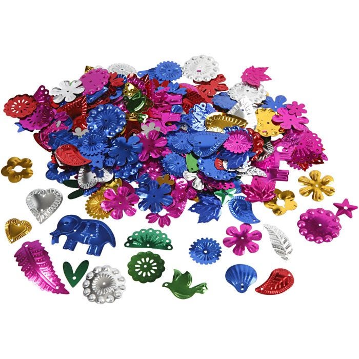 Pailletten, 15-45 mm, sterke kleuren, 30gr/ 1 doos