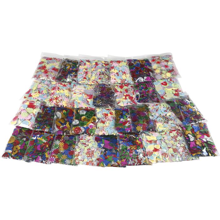 Multi paillettenmix, afm 7-30 mm, diverse kleuren, 32x25 gr/ 1 doos