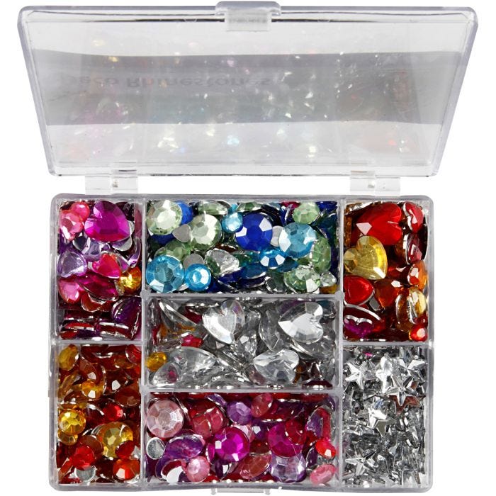 Strasstenen in display box, rond, sterren, harten, d 6+7+9+10+11+12+14+16 mm, blauw, roze, zilver, 300 stuk/ 1 doos