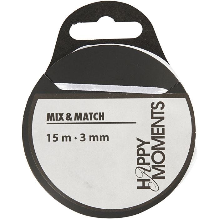 Satijnlint, B: 3 mm, wit, 15 m/ 1 rol