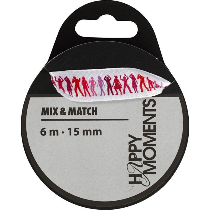 Satijnlint met print, 15 mm, lichtrood, 6m/ 1 rol