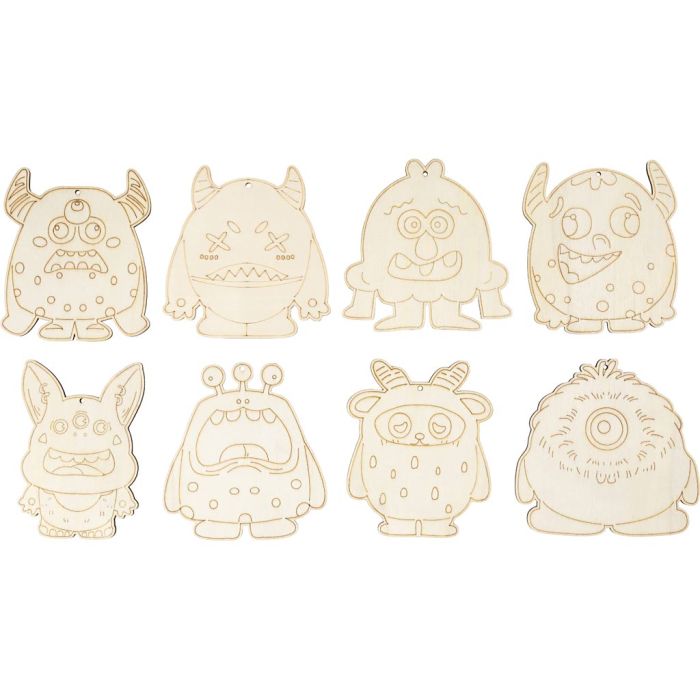 Houten figuren, Monsters, H: 12,4 cm, dikte 3 mm, 24 stuk/ 1 doos