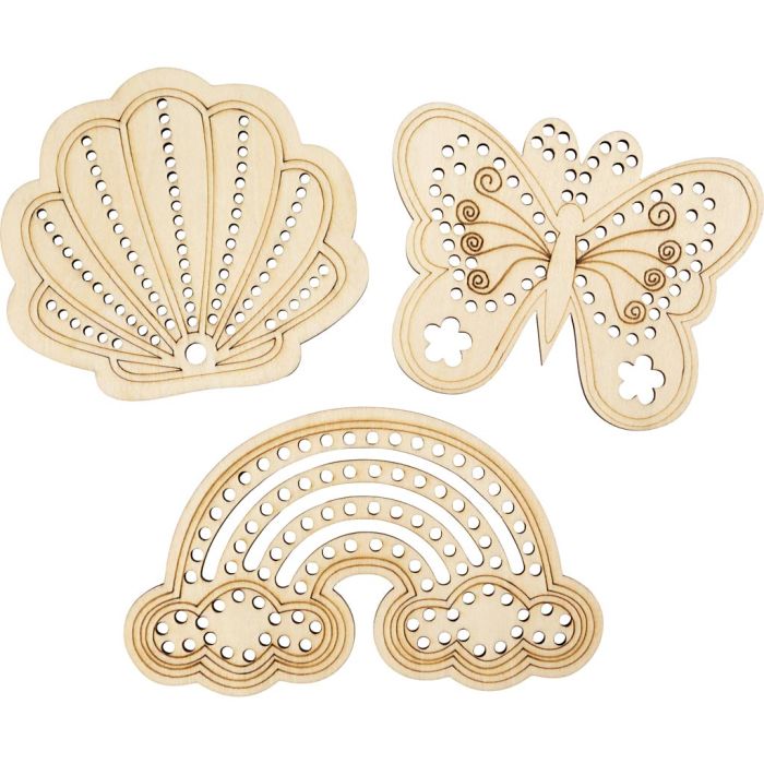 Houten vorm met gaten, Regenboog, schelp, vlinder, afm 7,5-13 cm, 6 stuk/ 1 doos