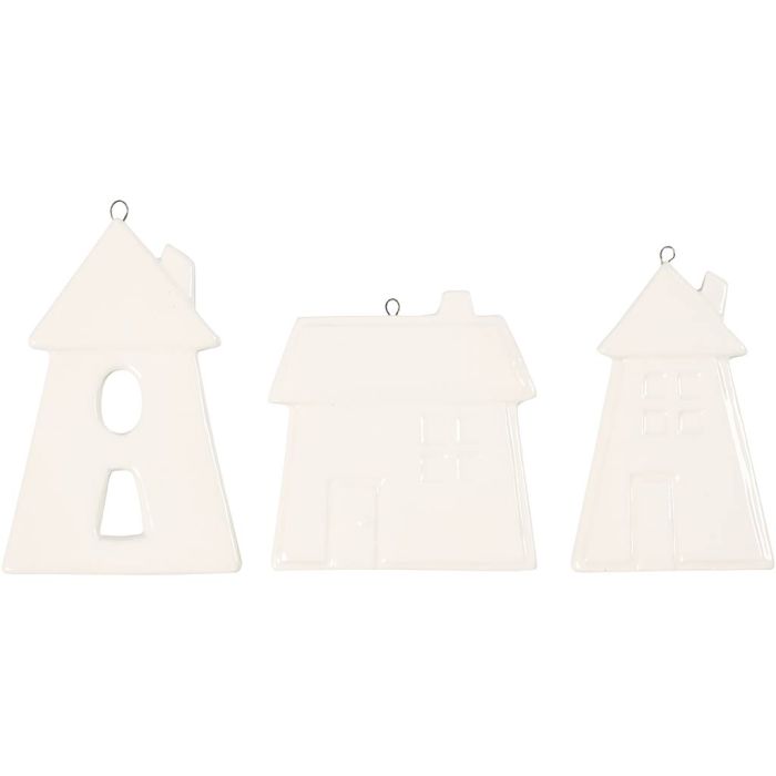 Hangende ornamenten, huizen, H: 7,6-9,7 cm, wit, 18 stuk/ 1 doos