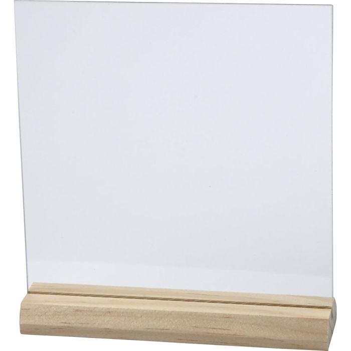 Glazen plaat met houten voet, afm 15,5x15,5 cm, dikte 28 mm, 10set/ 1 doos