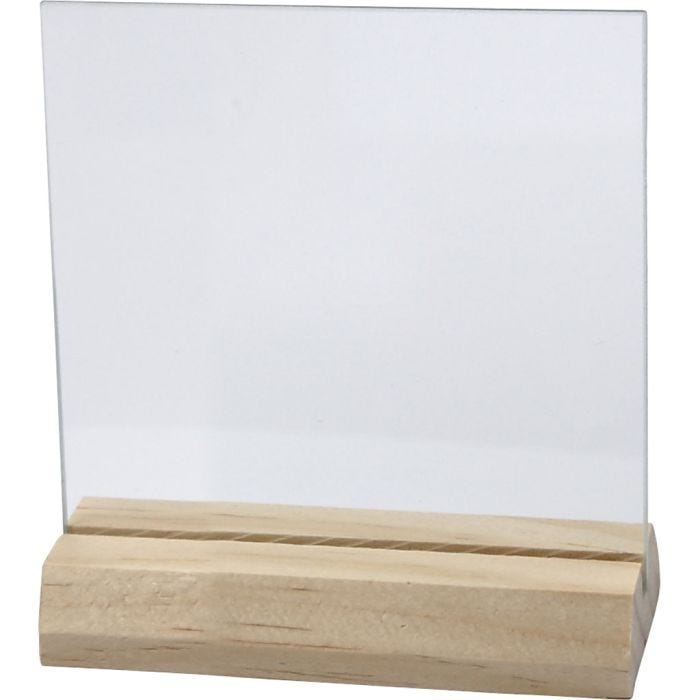 Glazen plaat met houten voet, afm 7,5x7,5 cm, dikte 28 mm, 10set/ 1 doos