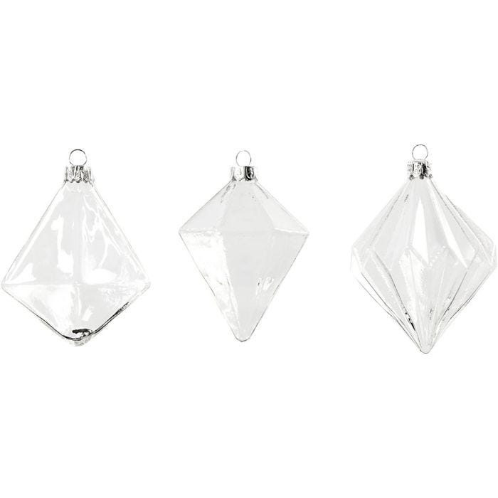 Glazen Ornamenten, H: 9,6+9,8+10,5 cm, d 7+7,9+8 cm, transparant, 3 stuk/ 1 doos