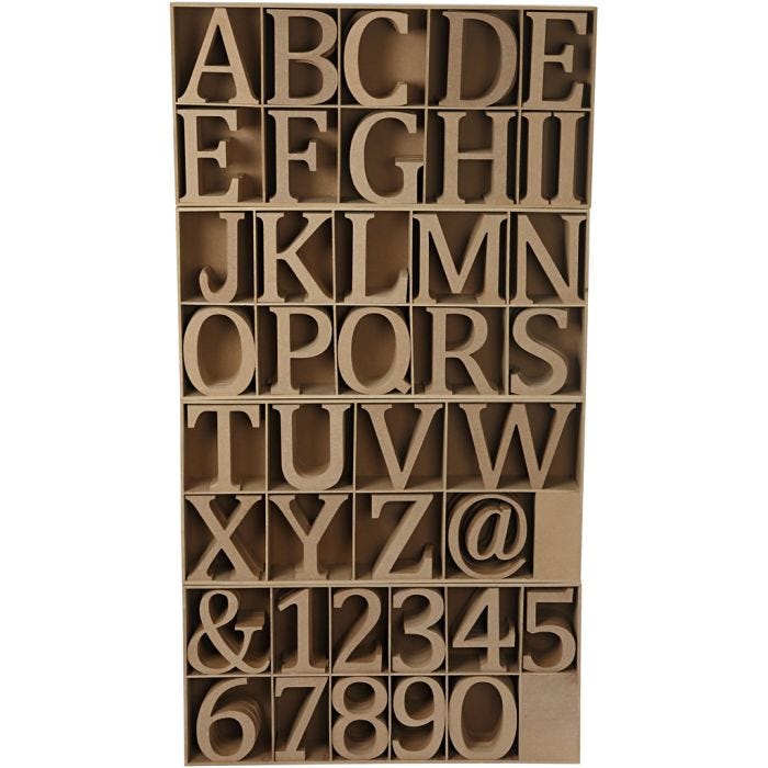 Houten letters, cijfers en tekens, H: 13 cm, dikte 2 cm, 160stuk/ 1 doos