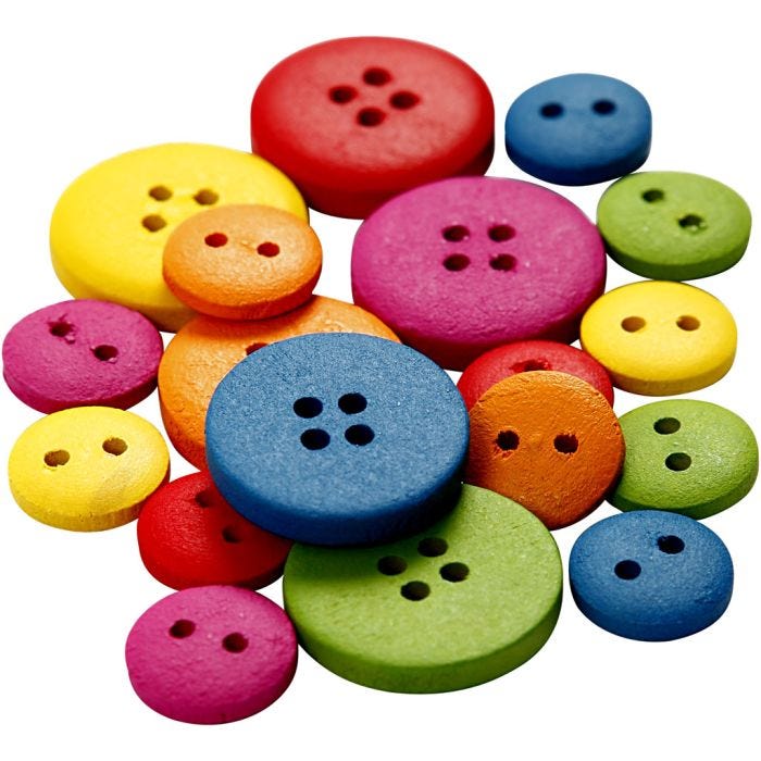 Houten knopen, 12-20 mm, 2-4 gaten, diverse kleuren, 360stuk/ 1 doos