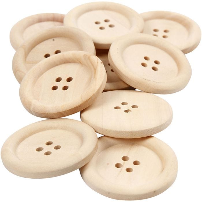 Houten knopen, d 35 mm, gatgrootte 2 mm, 4 gaten, 10 stuk/ 1 doos