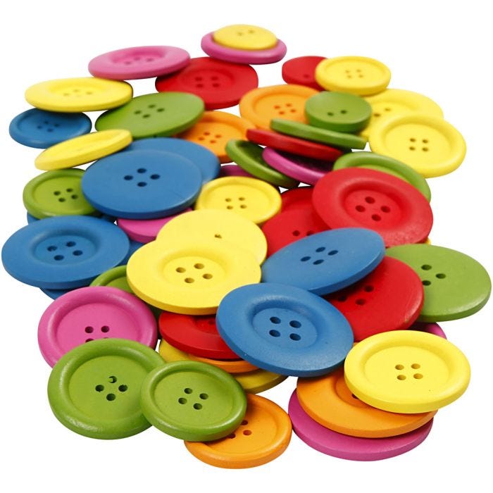 Houten knopen, 25-40 mm, 2-4 gaten, diverse kleuren, 144stuk/ 1 doos