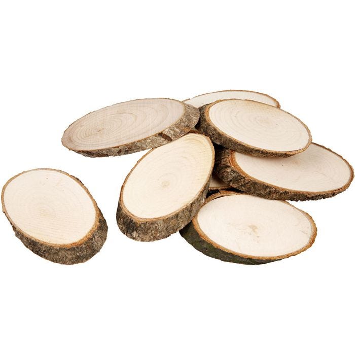 Houten schijf met bast, afm 7,5 x 4,5 cm, dikte 8 mm, 20stuk/ 1 doos