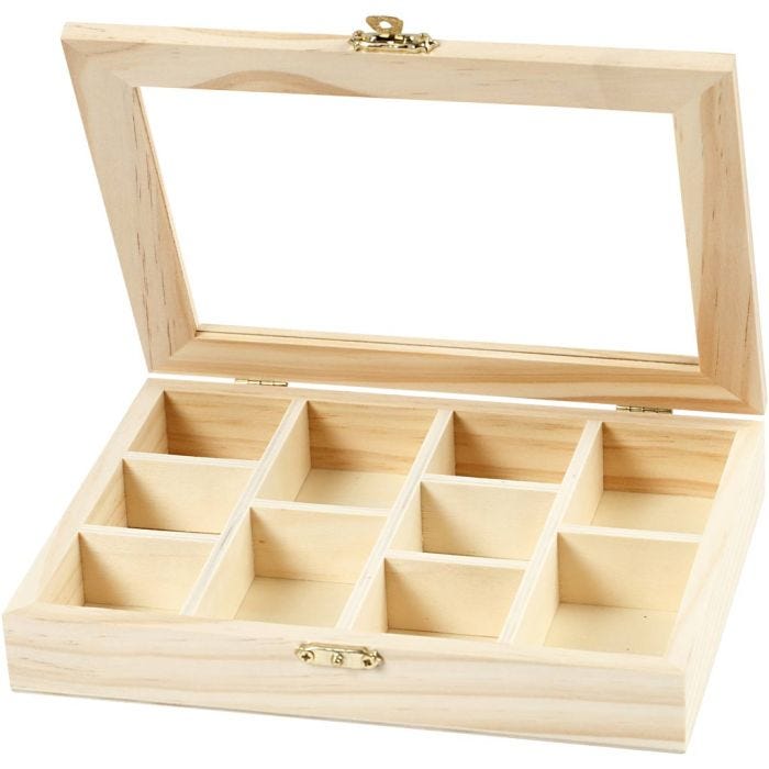 Doos met glazen deksel, 15,5x20,5x3,5 cm, 4,3x6,6 cm, 1 stuk