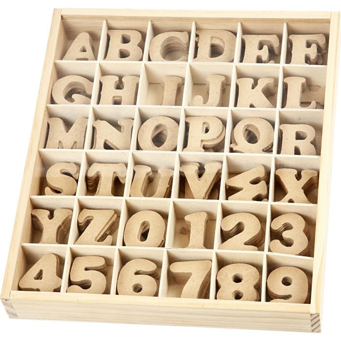 Houten letters &amp; cijfers, H: 4 cm, dikte 2,5 mm, 288stuk/ 1 doos