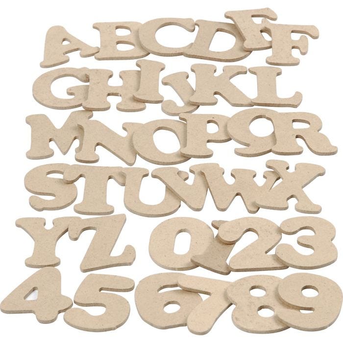 Houten letters &amp; cijfers, H: 4 cm, dikte 2,5 mm, 36x10 doos/ 1 doos
