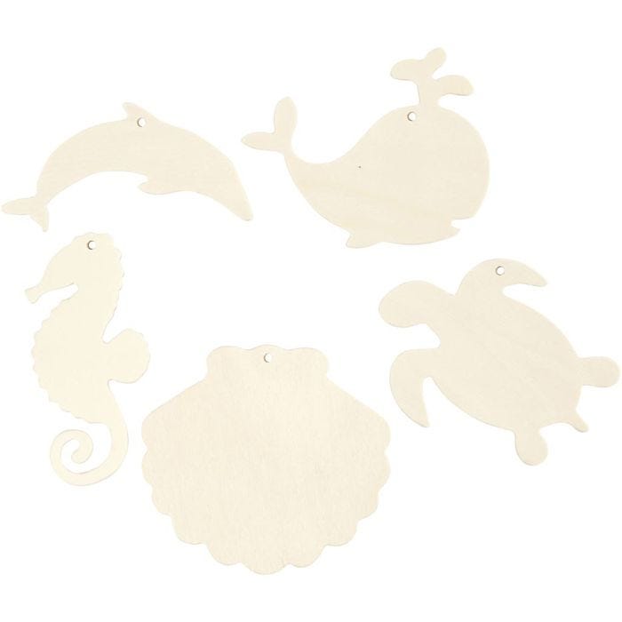 Zeedieren om op te hangen, Zeepaard, schildpad, dolfijn, schelp en walvis, H: 5-10 cm, B: 5-10 cm, gatgrootte 3 mm, dikte 2 mm, 5 stuk/ 1 doos