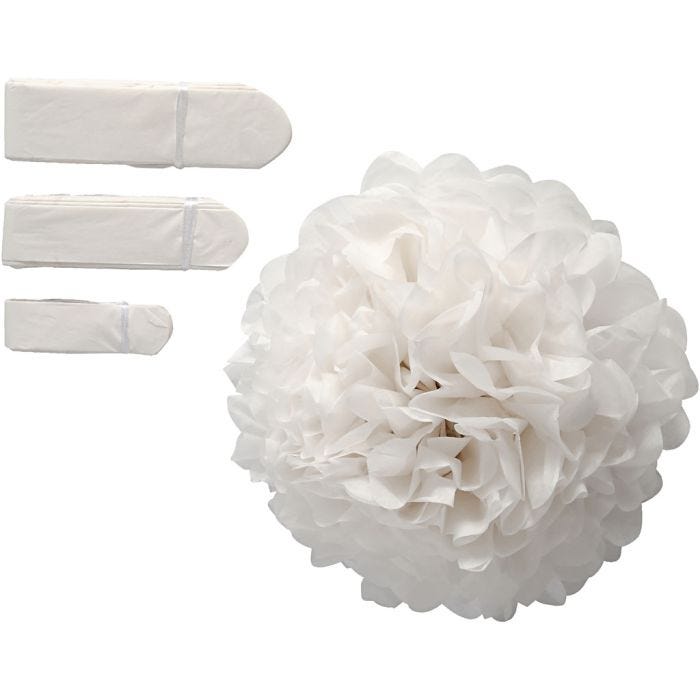 Pompon van papier, d 20+24+30 cm, 14 gr, wit, 3stuk/ 1 doos