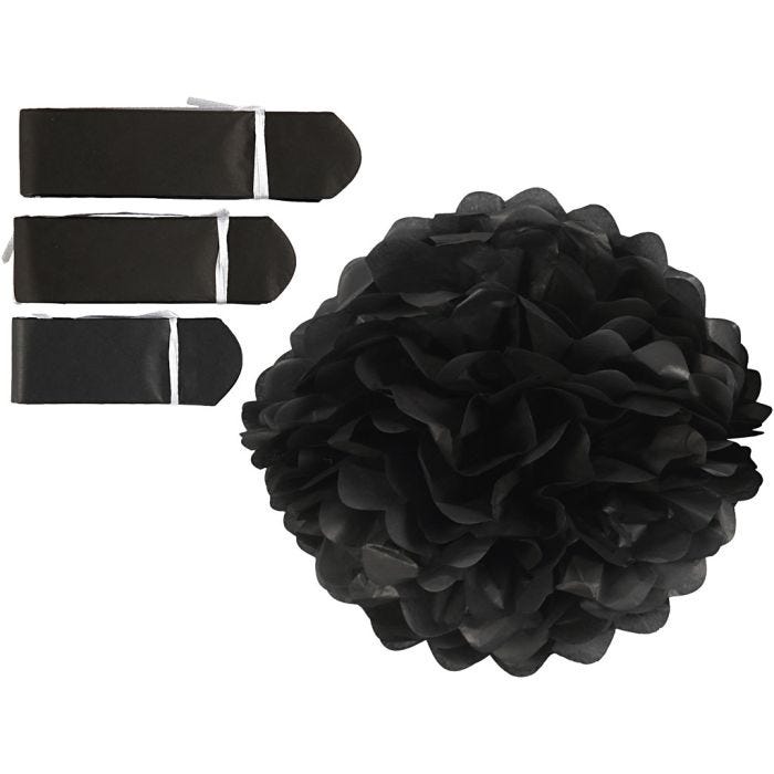 Pompon van papier, d 20+24+30 cm, 16 gr, zwart, 3stuk/ 1 doos