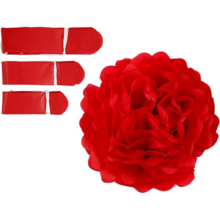 Pompon van papier, d 20+24+30 cm, 16 gr, rood, 3stuk/ 1 doos