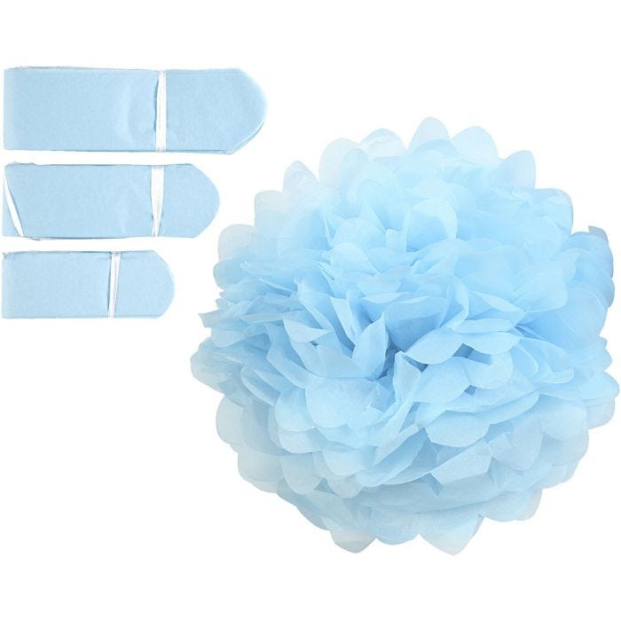 Pompon van papier, d 20+24+30 cm, 16 gr, lichtblauw, 3stuk/ 1 doos