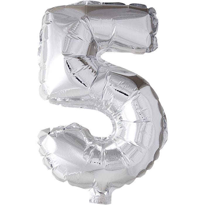 Folieballon , 5, H: 41 cm, zilver, 1 stuk