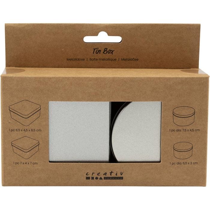 Blikje, Cirkel en vierkant, 3-4,5 cm, 6,5+7,5 cm, 7x7+8,5x8,5 cm, grey metal, 4stuk/ 1 doos