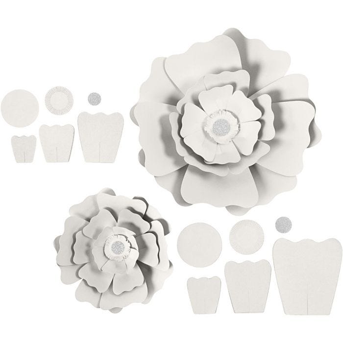 Papieren bloemen, d 15+25 cm, 230 gr, wit, 2stuk/ 1 doos