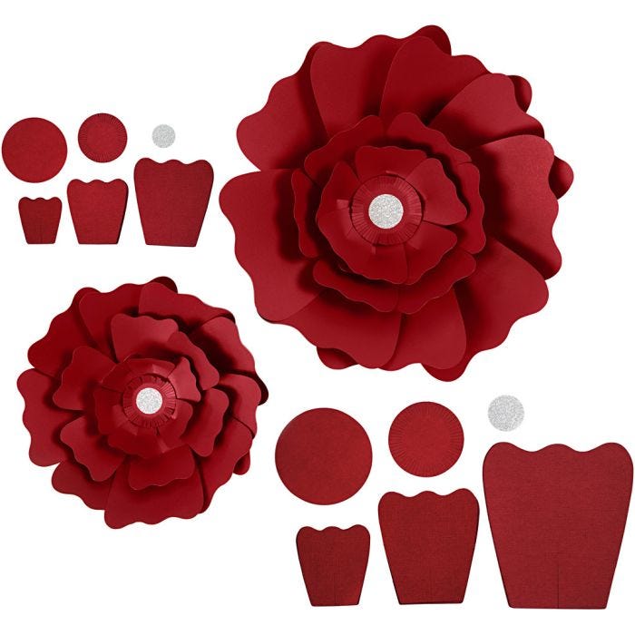 Papieren bloemen, d 15+25 cm, 230 gr, rood, 2stuk/ 1 doos