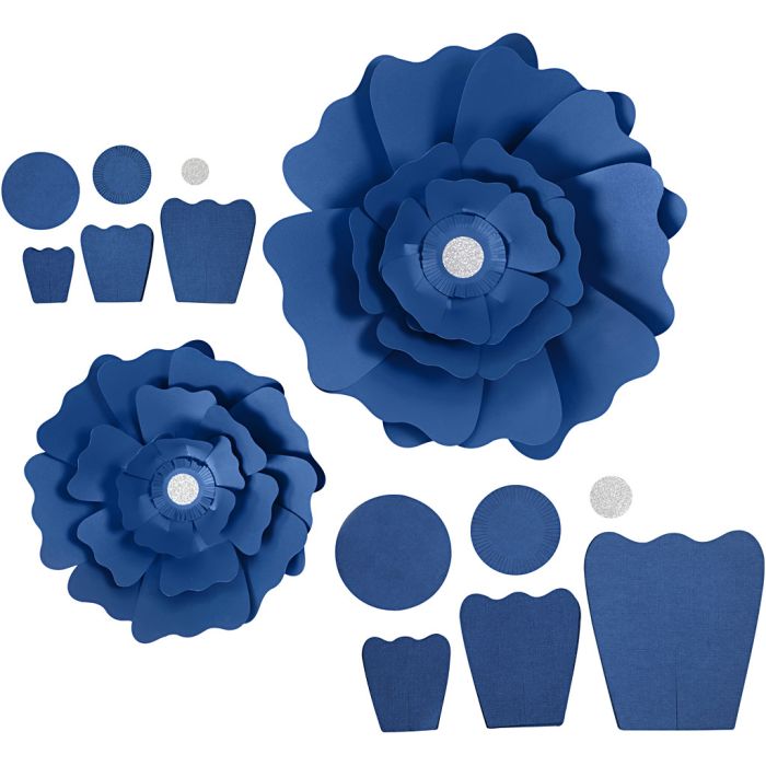 Papieren bloemen, d 15+25 cm, 230 gr, blauw, 2 stuk/ 1 doos