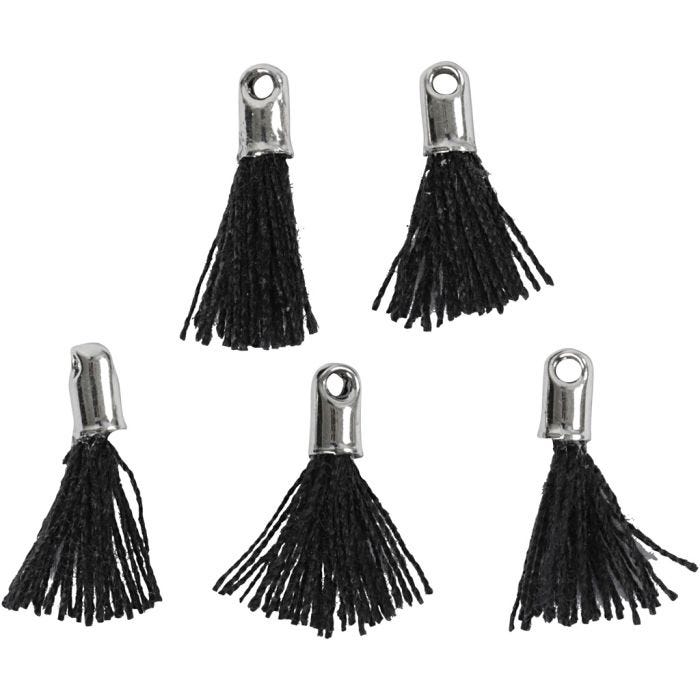 Tassel, L: 10 mm, gatgrootte 1 mm, zwart, 5 stuk/ 1 doos