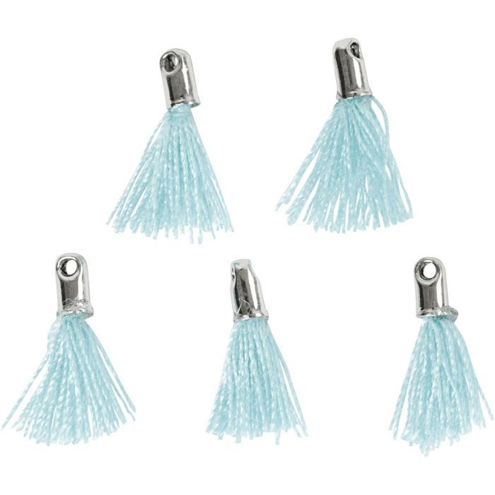 Tassel, L: 10 mm, gatgrootte 1 mm, turquoise, 5 stuk/ 1 doos